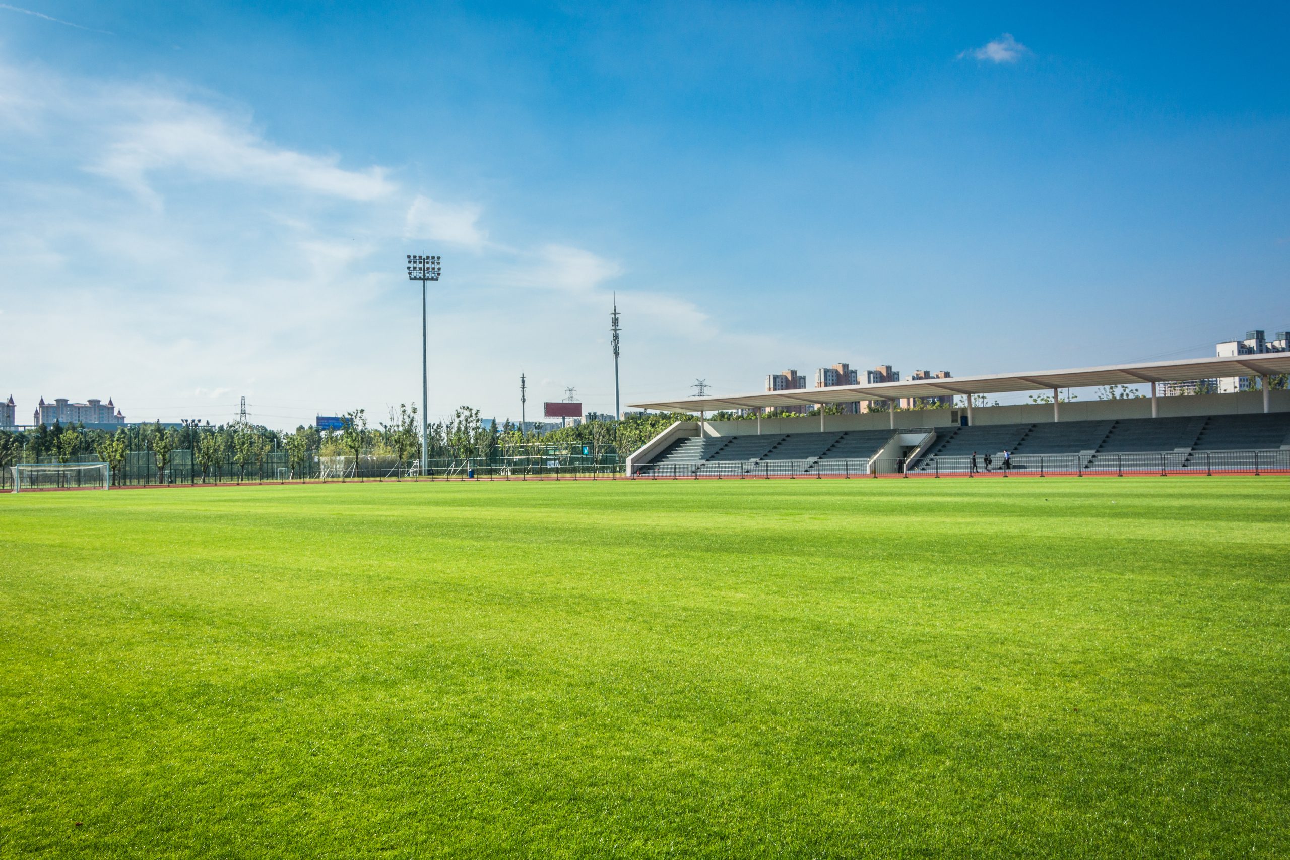 Panoramic view of soccer field stadium and stadium seats